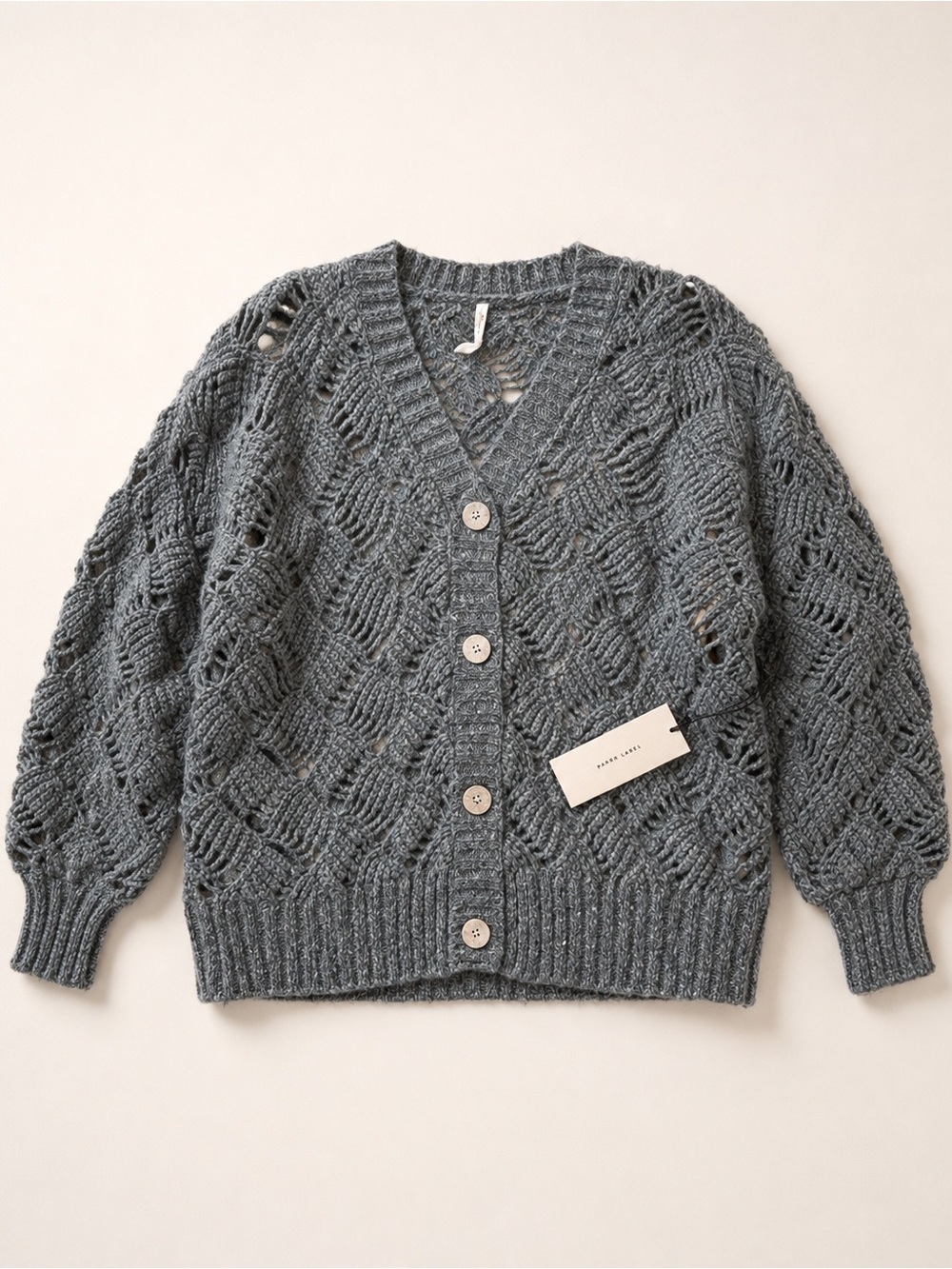 Paper label Lynn Textured merino wool Open-Knit V-Neck Button Cardigan - Gray